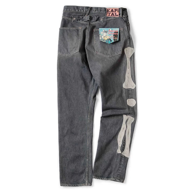 High Quality Japan KAPITAL Hirata Kazuhiro Bone Skeleton Embroidered Pattern Casual Jeans for Men 260401