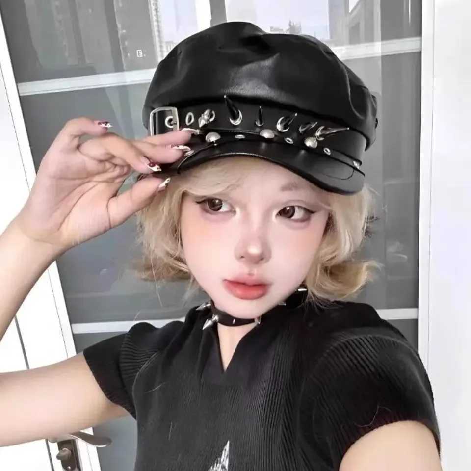 Unisex Rivet Buckle Leather Hat Spring Autumn Sailor Hats Black Beret Cap Men Flat Top Captain Military Caps H260407