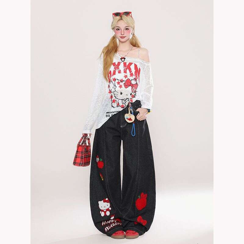 American Retro Cartoon Cat Embroidered Scythe Jeans For Women Summer New Style Loose And Slimming Wide-Leg Pants - view 3