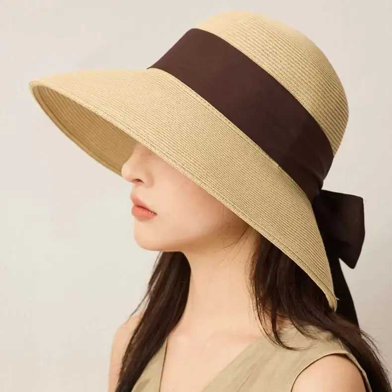 Summer Wide-Brimmed Sun Hat with Bow Ribbon Holiday Outing Sun Protection Straw Fishermans Hat H260407