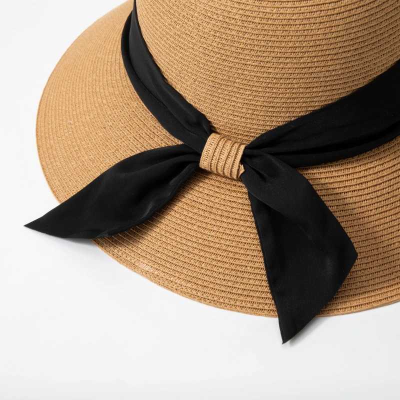 French Vintage Straw Hat Women Elegant Black Ribbon Bow Beach Sun Hat 9cm Wide Brim Breathable Paper Straw Summer Vacation Cap H260407