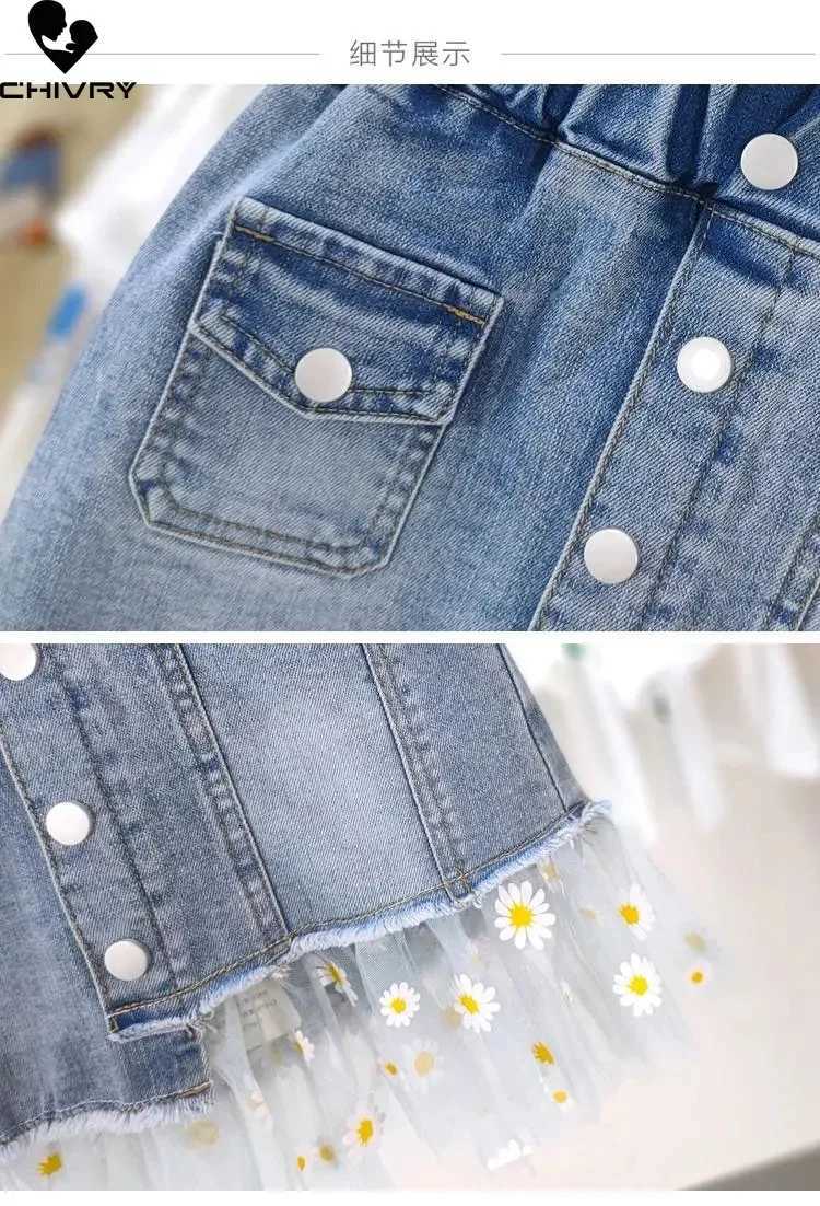Summer New 2022 Kids Girls Fashion Skirts Mesh Patchwork Daisy Button Denim Skirt with Pockets Girls Children Casual Clothing H260407