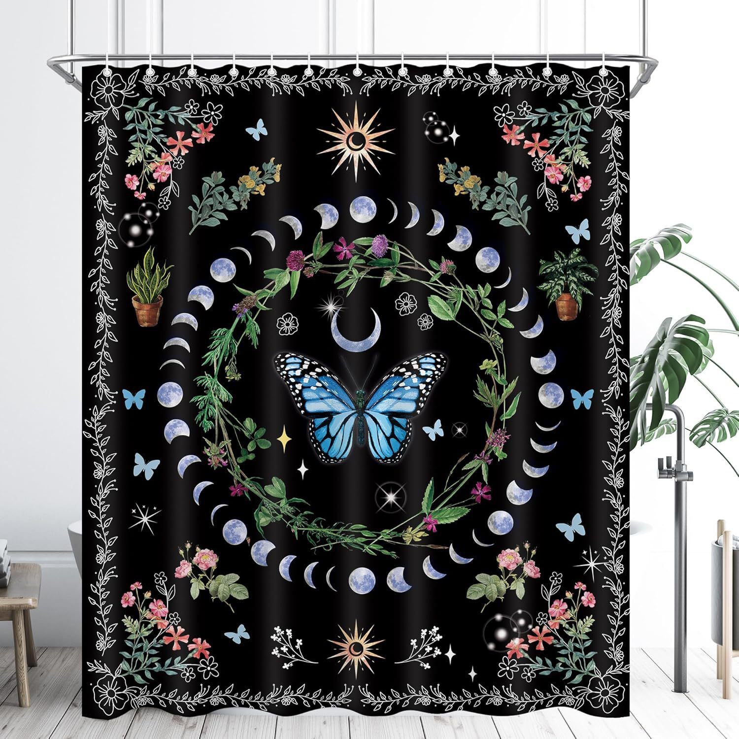 Shower Curtain Witch Bohemian Butterfly Moth Sun Moon Phase Pattern Bathtub Coverage No Drilling Waterproof Bathroom Partition Curtain