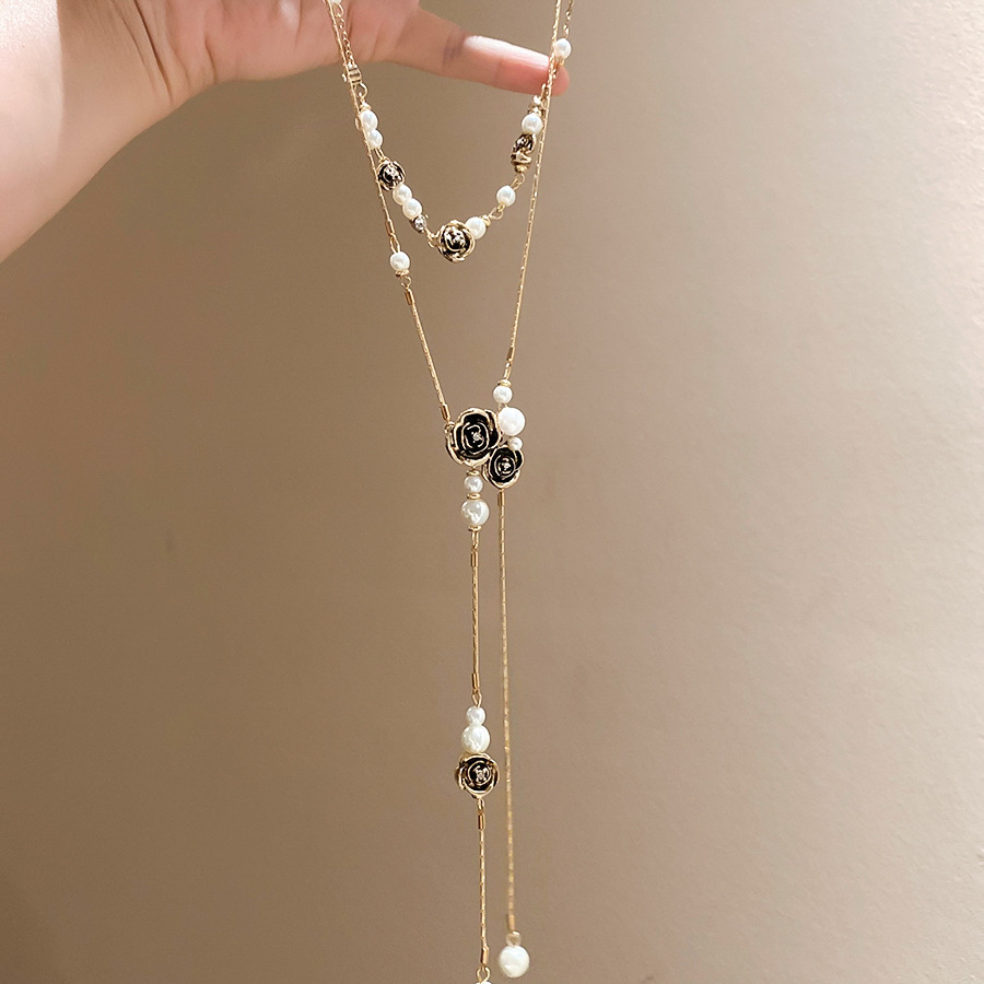 Vintage-style pearl letter sweater chain, long double-layered necklace with full rhinestones, ins celebrity style, light luxury, versatile and trendy - view 6