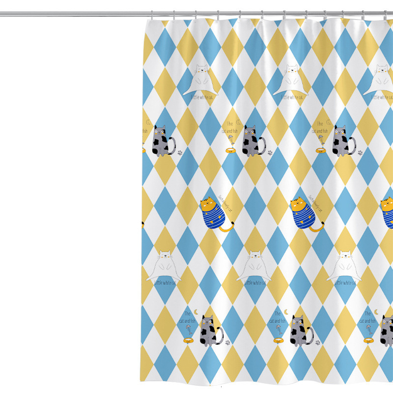 Shower Curtain Cute Cat Print Colorful Plaid Pattern Thickened Polyester Fabric Waterproof Bathroom Water Barrier Curtain