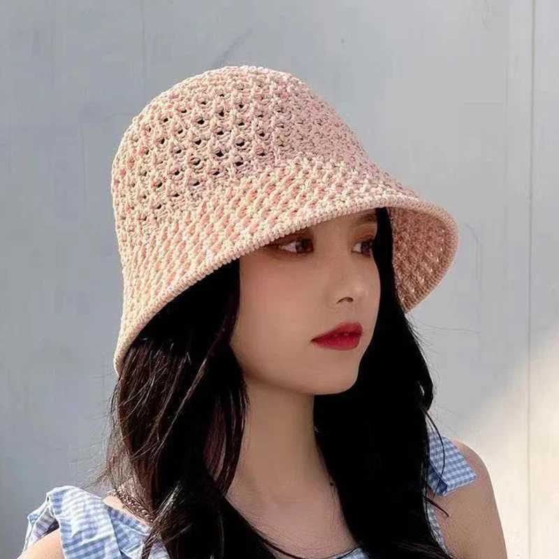 Bucket Hat Spring Summer Hollow Knitted Hat Solid Color Sunhat Fisherman Caps Casual Foldable Beach Cap H260407