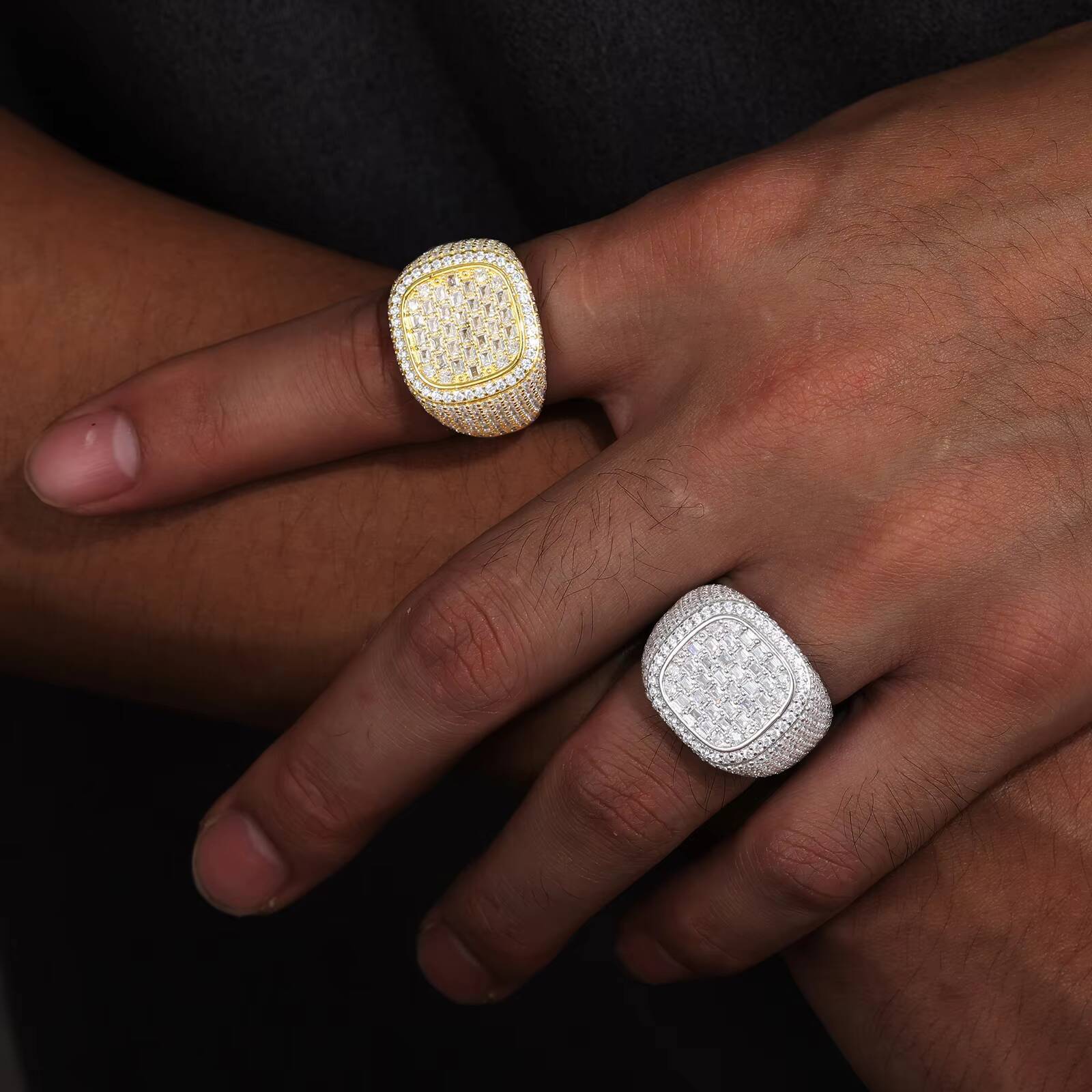 GRA Certificate 18K Gold Plated 925 Sterling Silver VVS Baguette Moissanite Diamond Iced Out Signet Ring Hip Hop Jewelry for Men