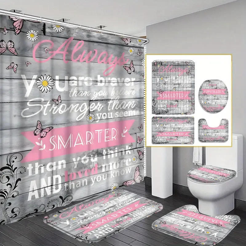 Bathroom Set Wood Grain Background Letter Print Shower Curtain Home Decor Black Gold Color Luxury Style