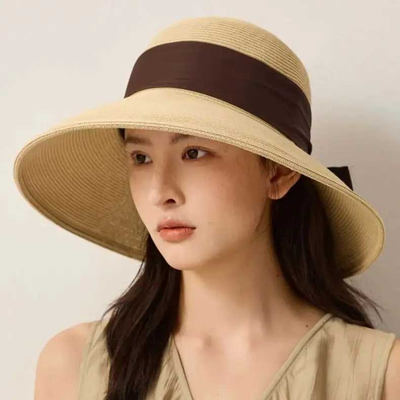 Summer Wide-Brimmed Sun Hat with Bow Ribbon Holiday Outing Sun Protection Straw Fishermans Hat H260407