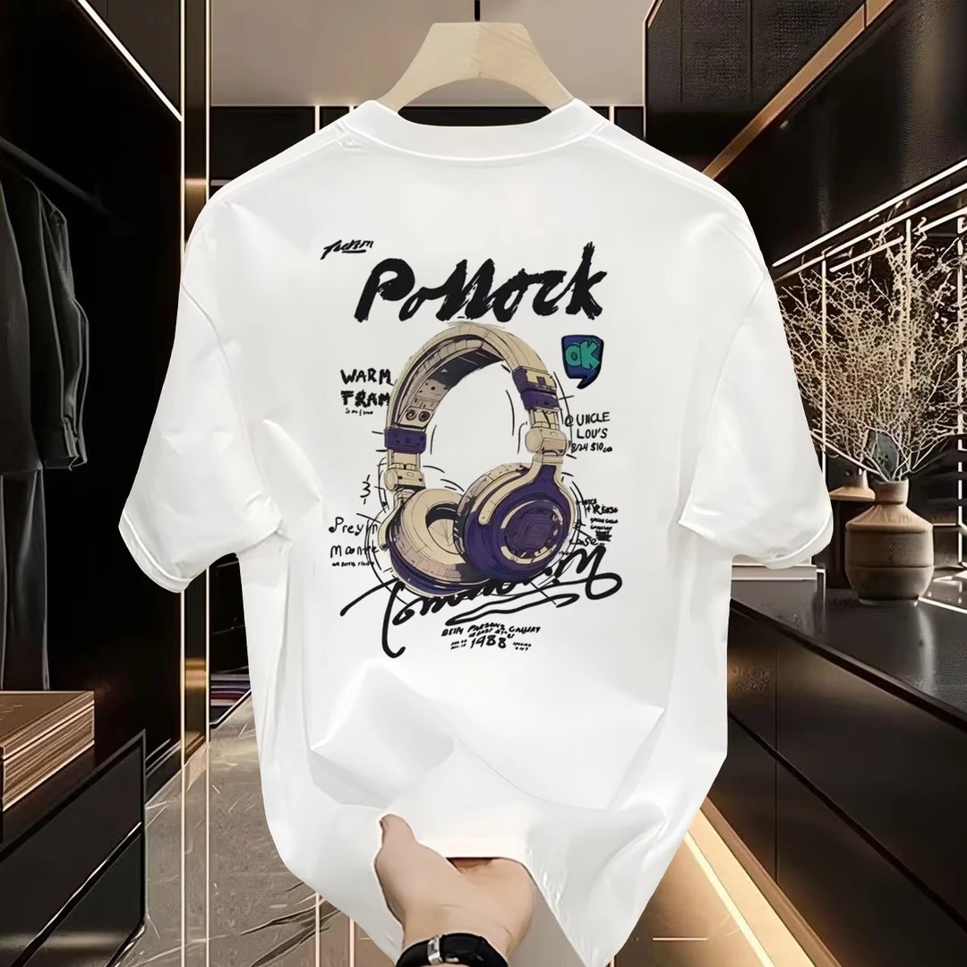 Luxury Designer Men's Casual Sport T-shirt Headphone Graffiti Print Oversized Cotton Tee High-end Street Fashion Premium Summer Activewear
