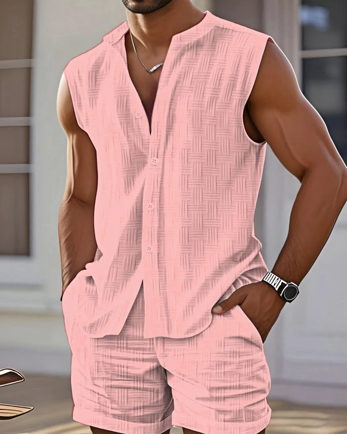 Mens Summer Casual Beach StandUp Collar Set Jacquard SolidColor Sleeveless Shirt And Shorts Fashionable Comfortable TwoPiece 260407
