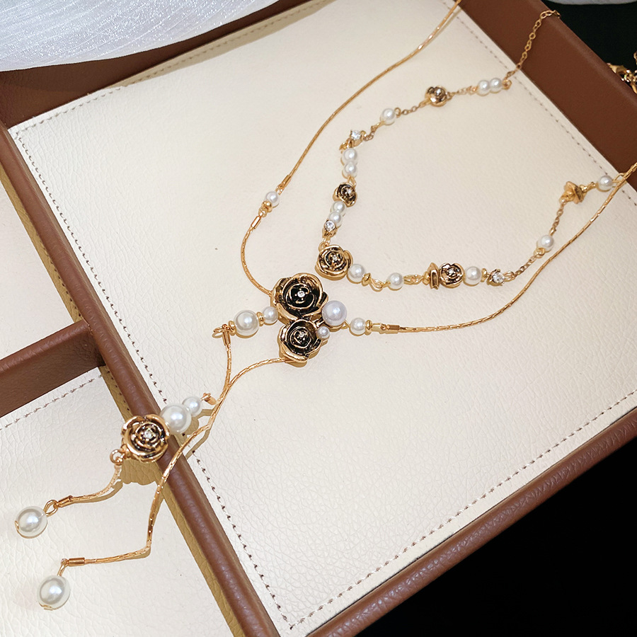 Vintage-style pearl letter sweater chain, long double-layered necklace with full rhinestones, ins celebrity style, light luxury, versatile and trendy - view 8