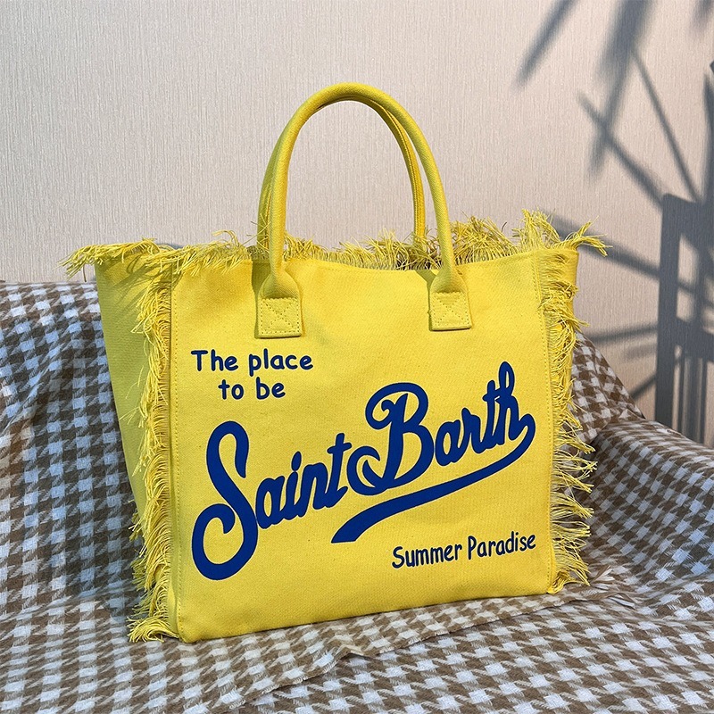 2026 New Arrival Saint Barth Fringe Tote Bag for Women - Ivory Canvas Beach Handbag, Retro Boho Summer Paradise Tote