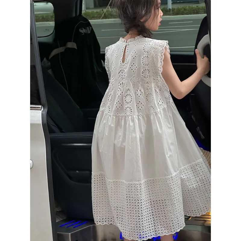 Cotton Medium To Large Childrens Clothing Lace White Dress Girls Princess Little Fresh Vest Dress 2025 Summer New Style H260407