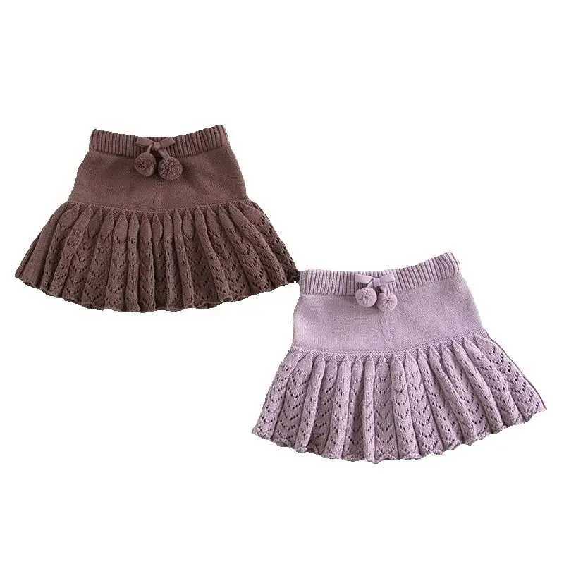 2026 Spring Autumn Kids Short Skirt Girls Cute Solid Color Knitted Pleated Skirt Children Hollow Out Knitted Shorts H260407
