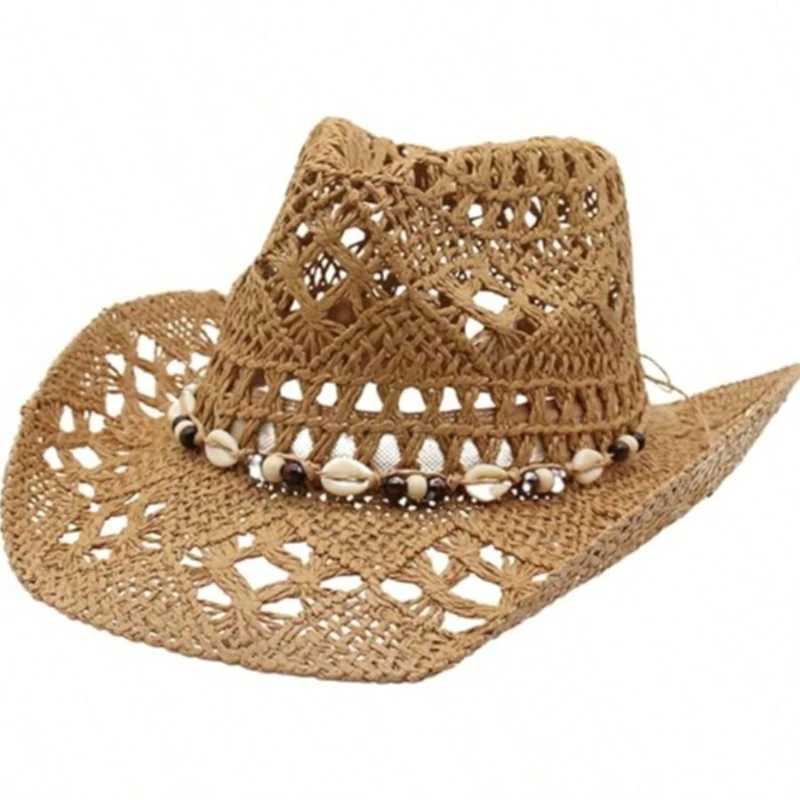 1pc Boho Shell Hollow Out Straw Sun Hat Western Cowgirl Beach Hat Suitable For Mothers Day Easter Vacation Photo Shoot H260407