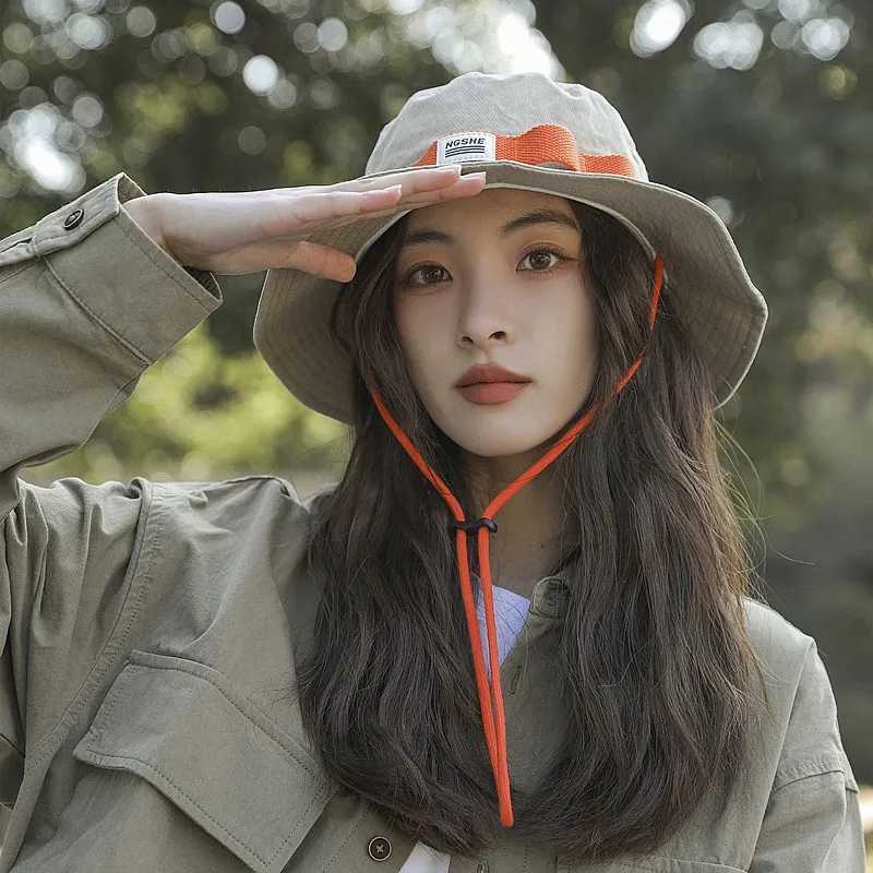 Womens sunscreen bucket hat Outdoor hiking sun hat Foldable hat Lanyard sun hat H260407