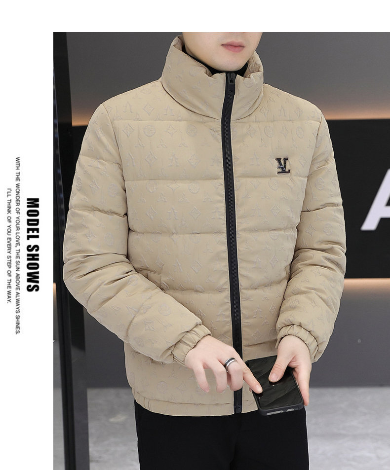 Men's Cotton Jacket, Preppy Quilted Stand Collar Coat - Brown/Black Cotton Blend Zip-Up Outerwear for Casual Business, Weekend Wear, Commuting, Travel - view 9