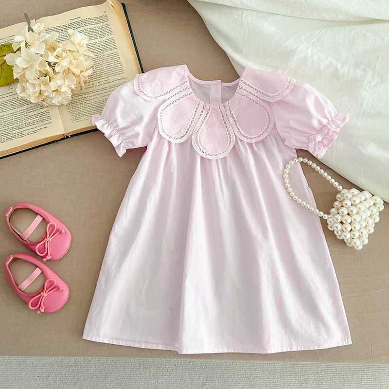 Girls Pink Princess Dresses New Summer Baby Dress Puff Sleeve Korean Style Petal Collar Toddlers Kids Cotton Cute Party Dress H260407
