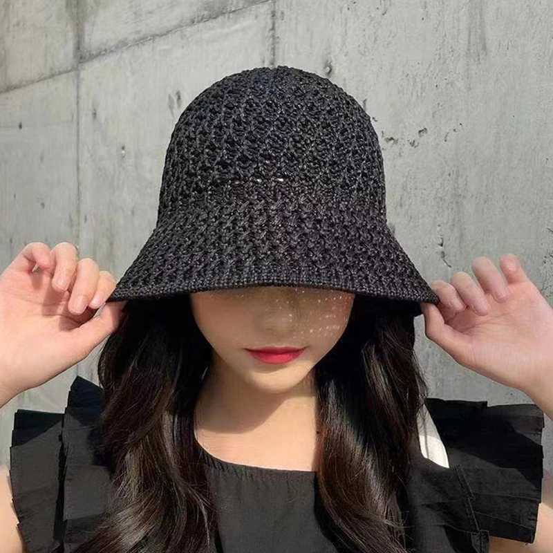 Bucket Hat Spring Summer Hollow Knitted Hat Solid Color Sunhat Fisherman Caps Casual Foldable Beach Cap H260407