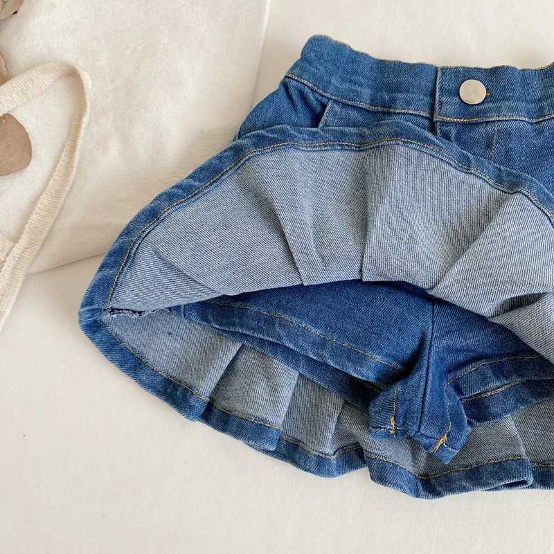 Girls Denim Pleated Skirt Pants Childrens Clothing 2025 Summer Japanese Korean Baby Girl Elastic Short Skirt Half Body Skirt H260407