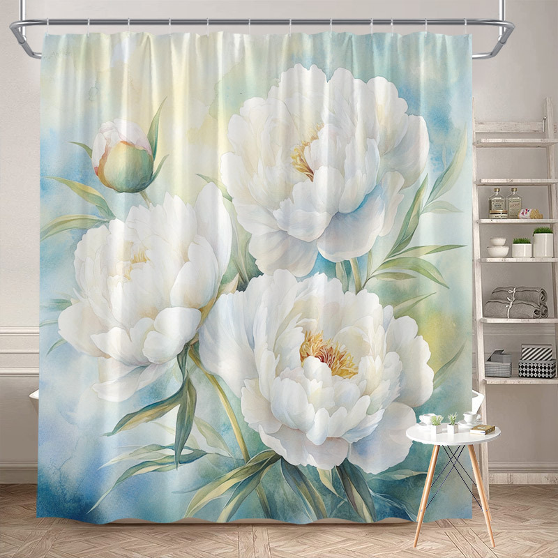 Shower Curtain Camellia Decor Macaron Color Background Waterproof Fabric Digital Printing Moisture Proof Partition Curtain For Bathroom