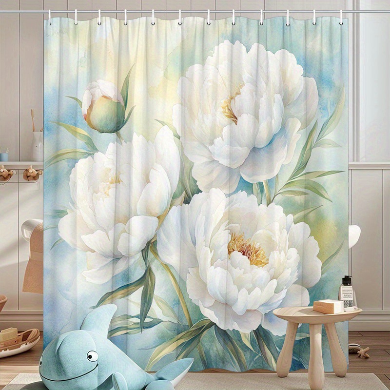 Shower Curtain Camellia Decor Macaron Color Background Waterproof Fabric Digital Printing Moisture Proof Partition Curtain For Bathroom