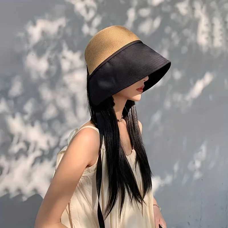 1pc Womens Versatile Patchwork Straw Hat with Pocket ScarfTravel Sunshade Dome Wide Brim Face Cover Bucket Hat for Beachparty H260407