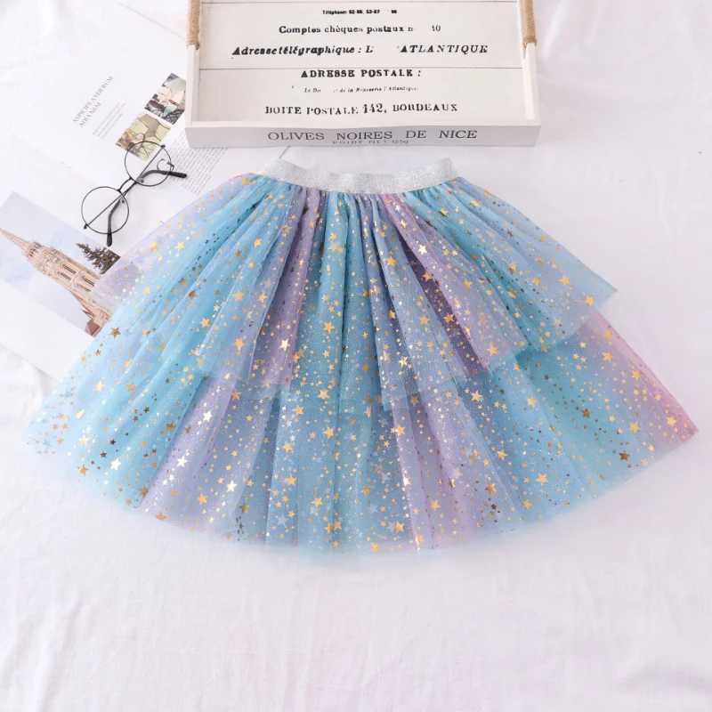 2023 Summer Girls Stars Sequin Mesh Tutu Skirt Fairy Print Puffy Cake Skirts School Girl Pleated Princess Skirt H260407