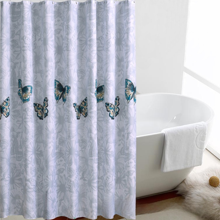 Shower Curtain Butterfly And Flower Print Background Thickened Polyester Fabric Waterproof Mildew Proof Bathroom Partition Hanging Curtain