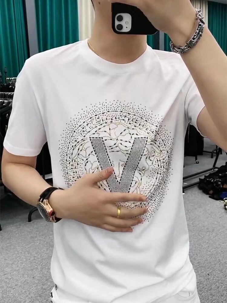 Men's Black T-Shirt, Chinese Style 100% Cotton Longline Casual Shirt - Loose Fit, Short Sleeve Round Neck Top with Crystal Slogan Print for Everyday C - view 5