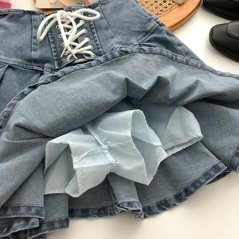2023 Spring Autumn Girls Pleated Skirt Baby Denim Skirt Kids Skort Children Fashion Bottoms Stretchable Waist Lacing 3-14Y H260407