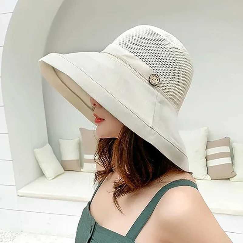 Breathable Summer UV Protection Wide Brim Women Sun Hat Foldable Beach Travel Mesh Bucket Hat Outdoor Gardening H260407