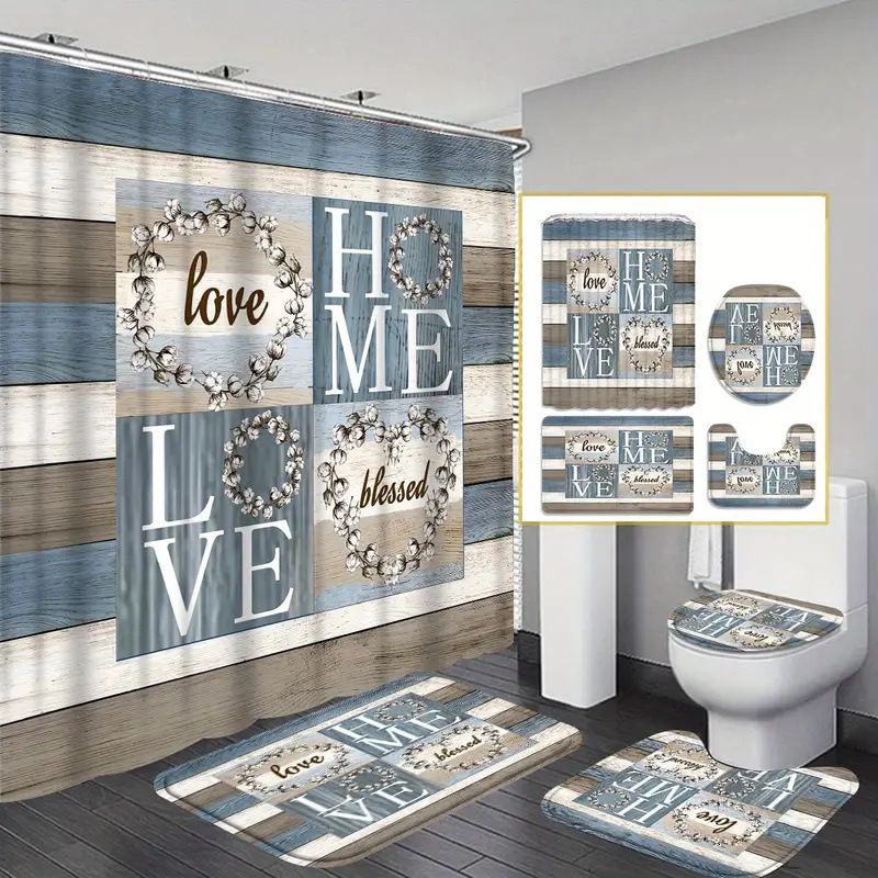 Bathroom Set Wood Grain Background Letter Print Shower Curtain Home Decor Black Gold Color Luxury Style