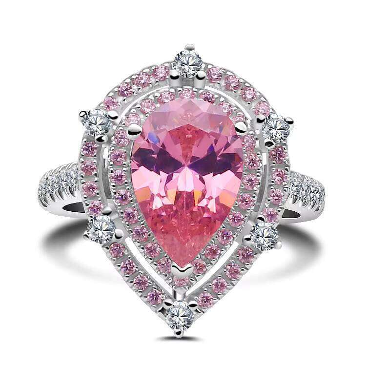 Pink pear-cut pyrope ring S925 double halo design with separate shank diamond set women's wedding gift