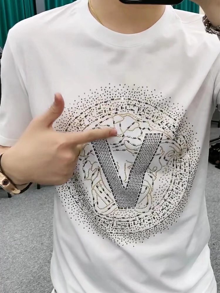 Men's Black T-Shirt, Chinese Style 100% Cotton Longline Casual Shirt - Loose Fit, Short Sleeve Round Neck Top with Crystal Slogan Print for Everyday C - view 4