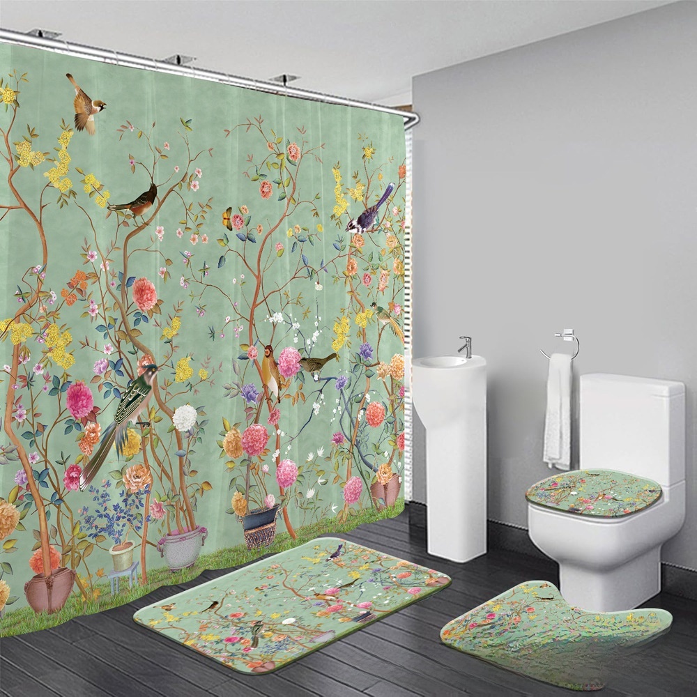 Shower Curtain Flower Bird Butterfly Scenery Spring Colorful Floral Exquisite Luxury Style For Usa Europe Bathroom