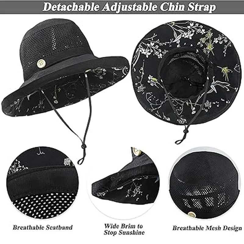 Breathable Summer UV Protection Wide Brim Women Sun Hat Foldable Beach Travel Mesh Bucket Hat Outdoor Gardening H260407
