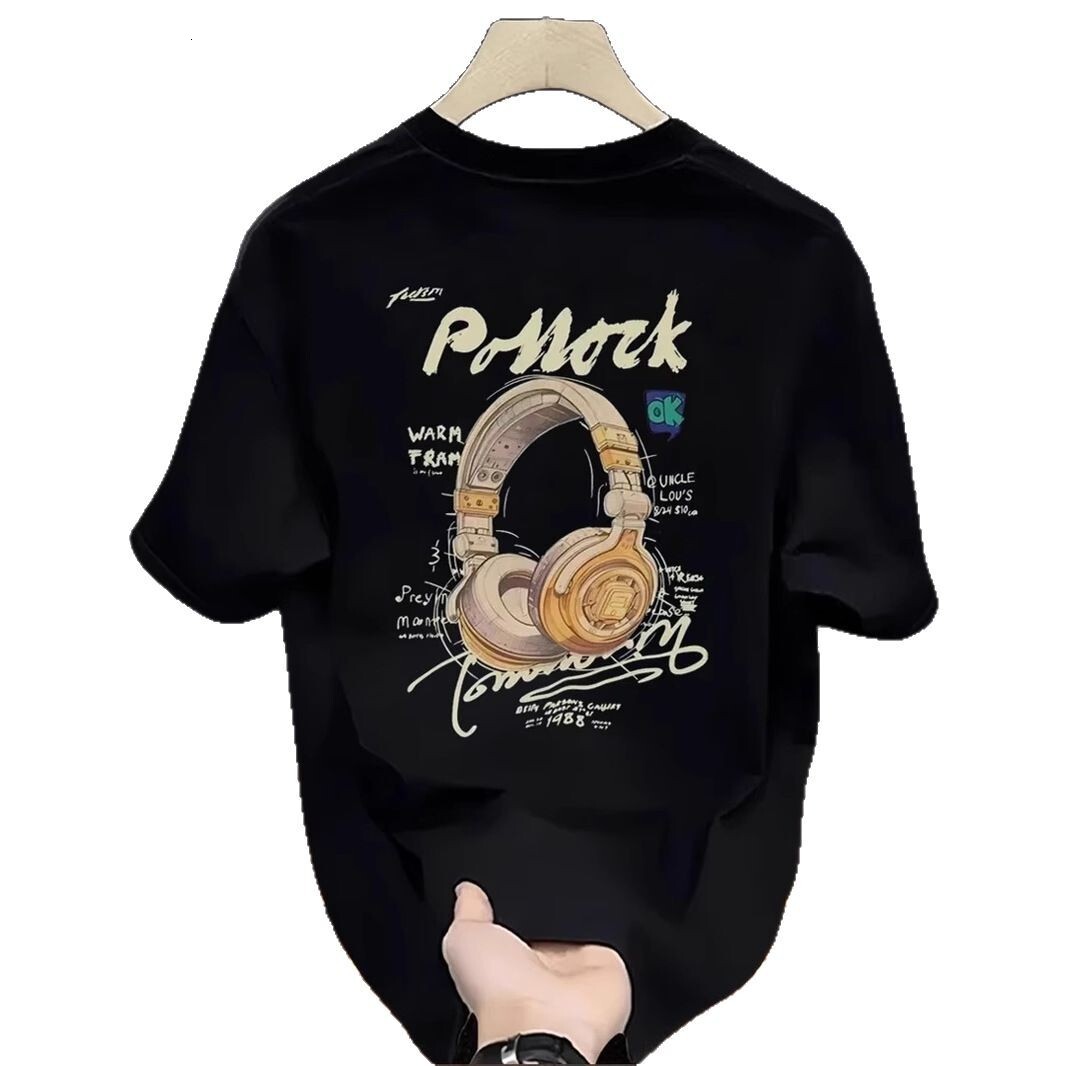 Luxury Designer Men's Casual Sport T-shirt Headphone Graffiti Print Oversized Cotton Tee High-end Street Fashion Premium Summer Activewear