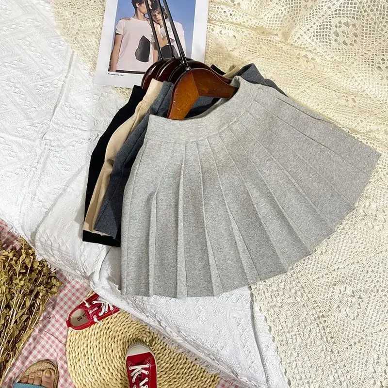 Kids Girls Knitted Pleated Skirts 2024 New Arrival Children Autumn Winter Cotton Skirts Children School Skirts Black Gray Skirt H260407