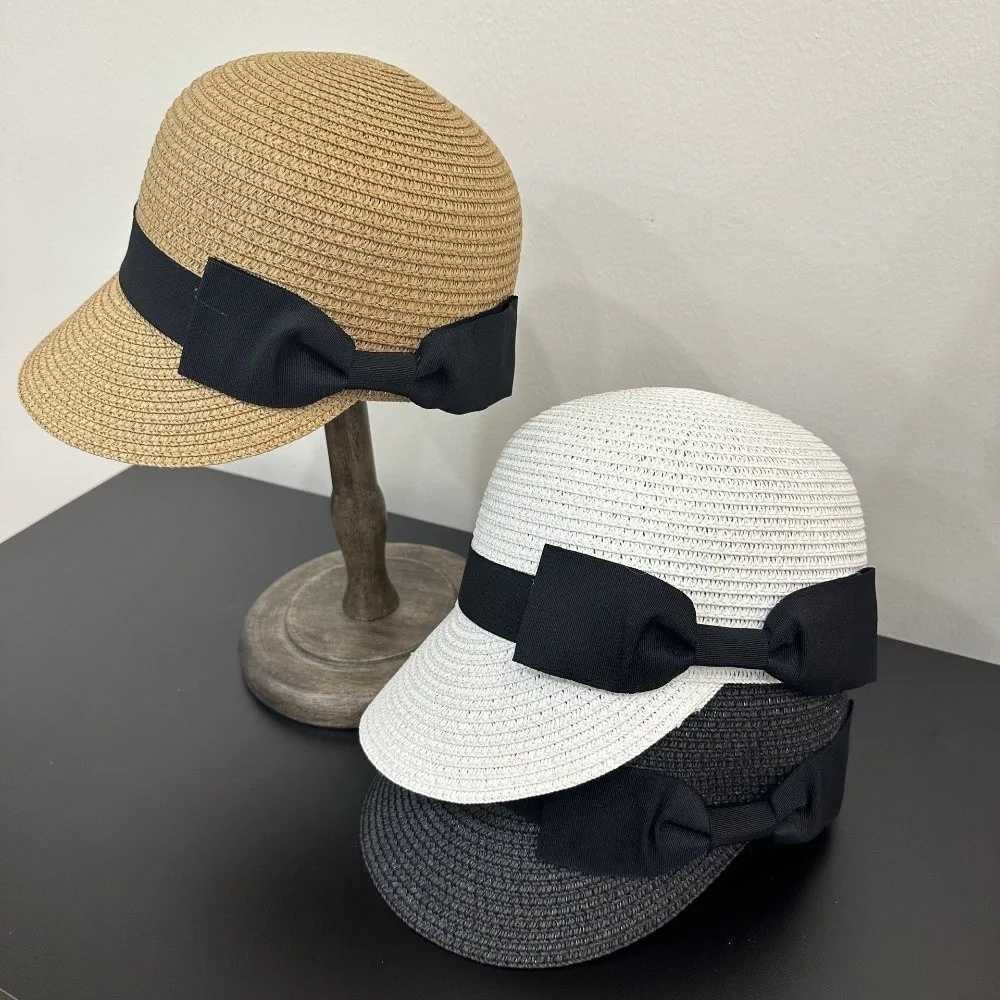 Elegant Grass Woven Duckbill Hat Bow Shaped Sun Protection Shading Cap Anti-UV Sunscreen Visor Hat Summer H260407