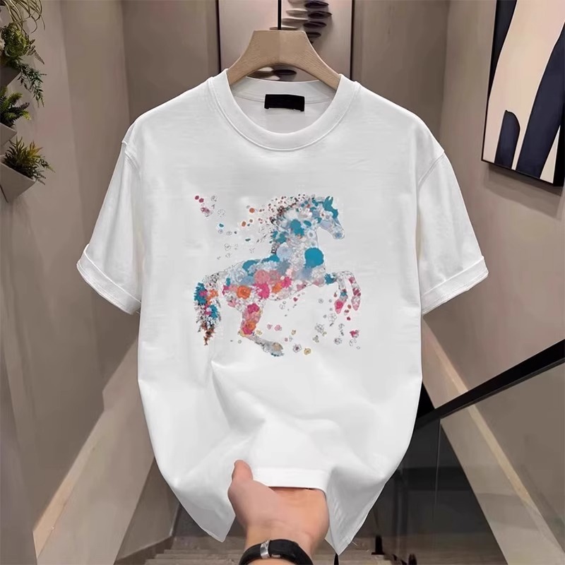 Designer's Luxurious Casual Sports Men's Floral T-shirt White Short Sleeved Round Neck T-shirt High-end Summer Streetwear, Breathable Top Su