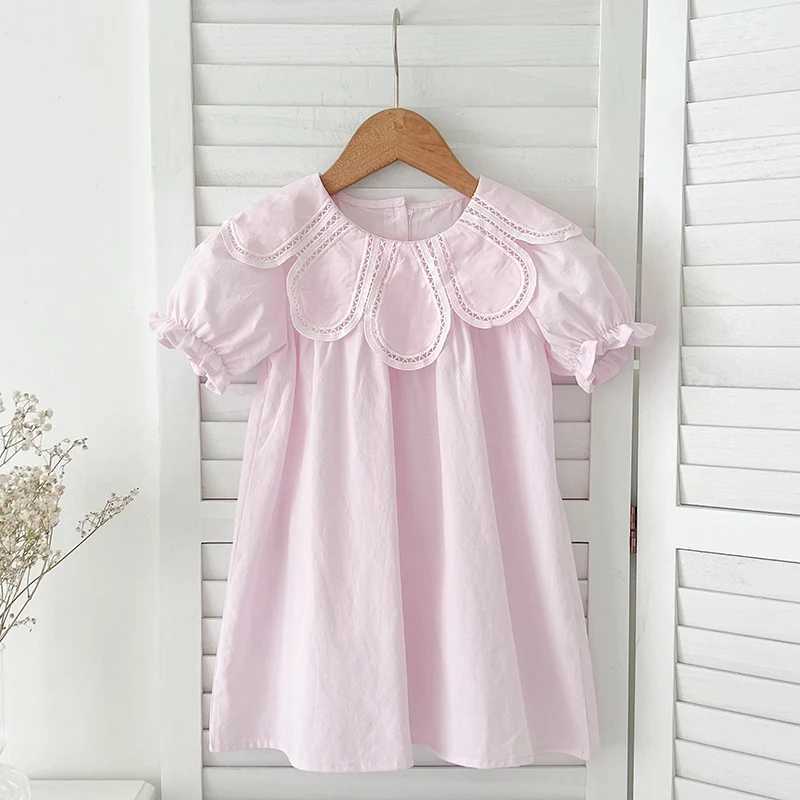 Girls Pink Princess Dresses New Summer Baby Dress Puff Sleeve Korean Style Petal Collar Toddlers Kids Cotton Cute Party Dress H260407
