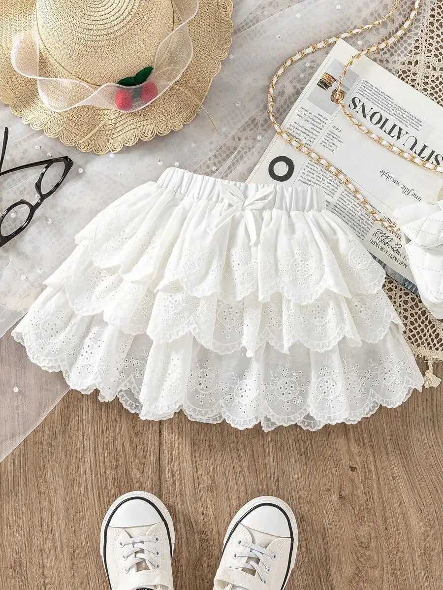 White Tiered Lace Skirt for Girls Sweet Ruffled Design with Elastic Waist H260407