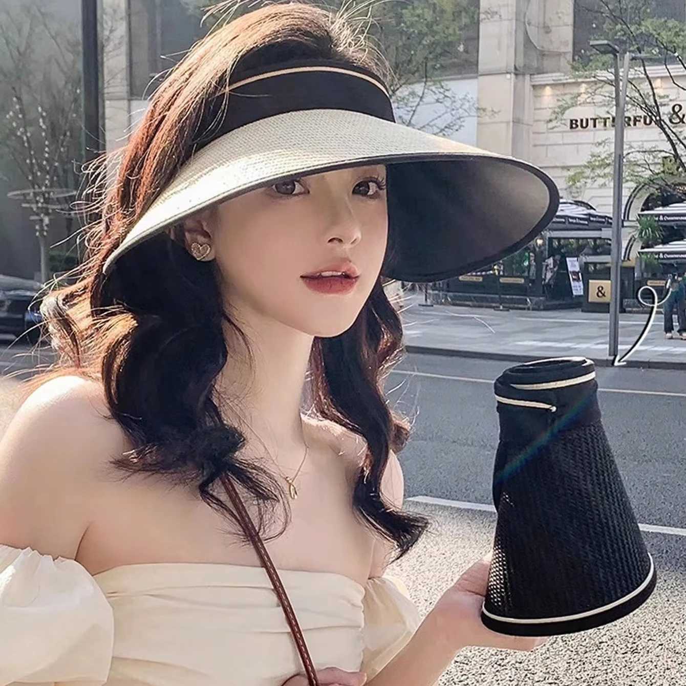 Summer new sunshade and sun protection empty top hat for female cyclists foldable straw woven hat for outdoor travel H260407