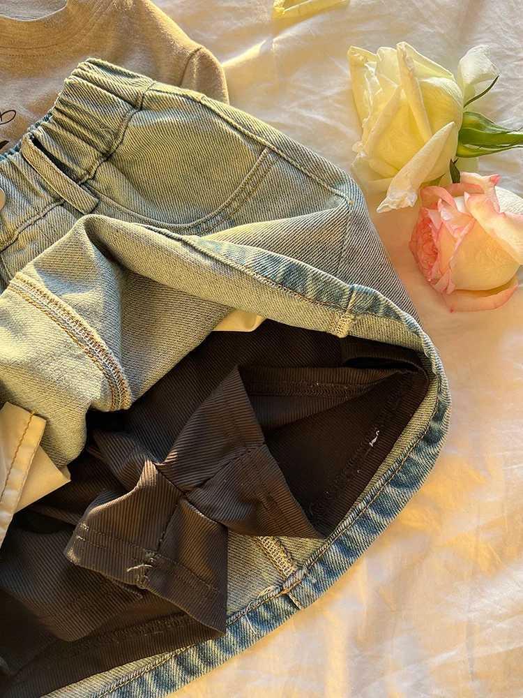 Spring Autumn Girls Anti Glare Lined Skirt Summer Childrens Fashionable Half Skirt Hip Hugging Denim Short Skirt for Kids H260407