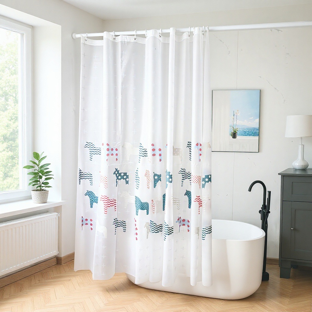 Shower Curtain Nordic Style PEVA Partition Cute Cartoon Carousel Pattern Dry And Wet Separation Bathroom Decor