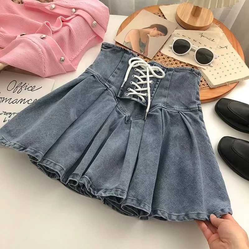 2023 Spring Autumn Girls Pleated Skirt Baby Denim Skirt Kids Skort Children Fashion Bottoms Stretchable Waist Lacing 3-14Y H260407