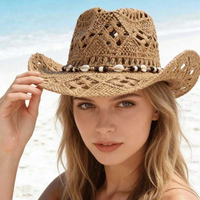1pc Boho Shell Hollow Out Straw Sun Hat Western Cowgirl Beach Hat Suitable For Mothers Day Easter Vacation Photo Shoot H260407