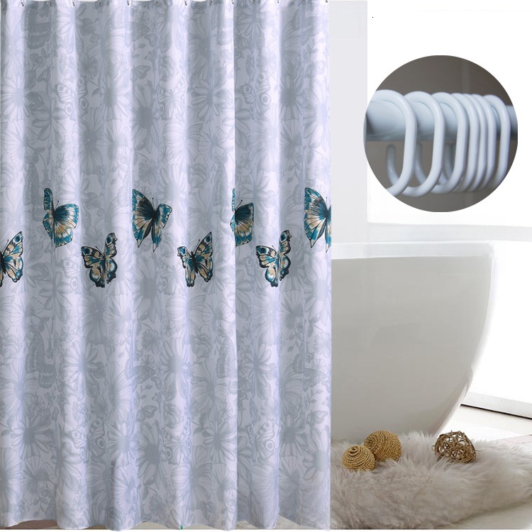 Shower Curtain Butterfly And Flower Print Background Thickened Polyester Fabric Waterproof Mildew Proof Bathroom Partition Hanging Curtain